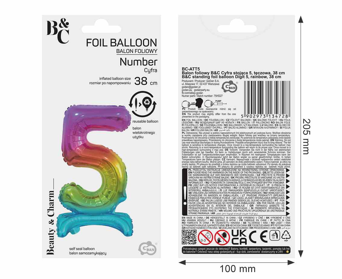 B&C foil balloon Standing digit 5, rainbow, 38 cm